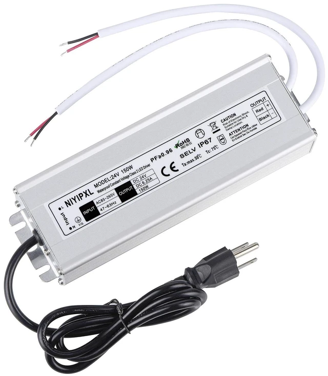 Main image of LED Driver 150 Watts 24V DC Low Voltage Transformer, Waterproof IP67 LED Power Supply, Adapter with 3-Prong Plug 3.3 Feet Cable for Any 24V DC led Lights, Computer Project, Outdoor Light
