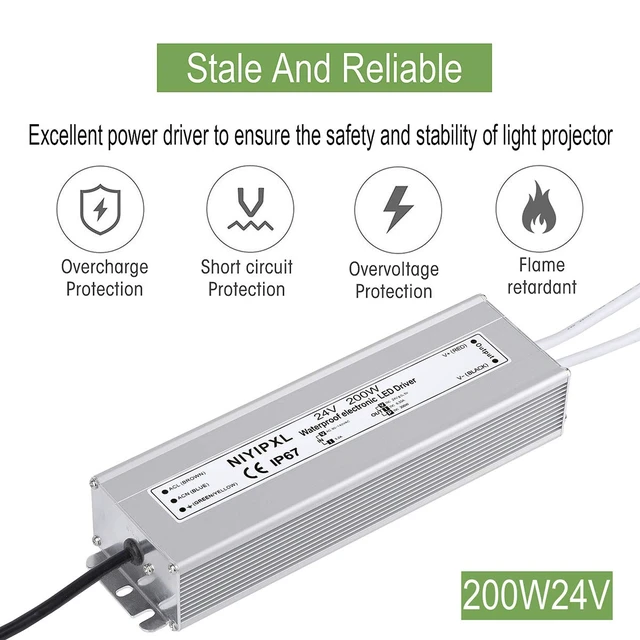 Alt view image 3 of 6 - LED Driver 200 Watts 24V DC Low Voltage Transformer, Waterproof IP67 LED Power Supply, Adapter with 3-Prong Plug 3.3 Feet Cable for Any 24V DC led Lights, Computer Project, Outdoor Light