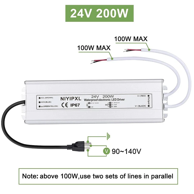 Alt view image 2 of 6 - LED Driver 200 Watts 24V DC Low Voltage Transformer, Waterproof IP67 LED Power Supply, Adapter with 3-Prong Plug 3.3 Feet Cable for Any 24V DC led Lights, Computer Project, Outdoor Light