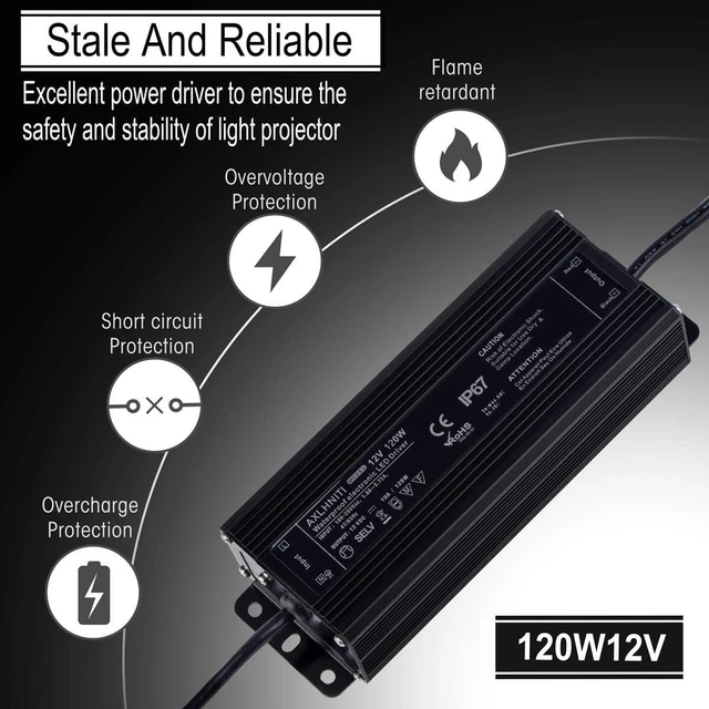 Alt view image 5 of 7 - LED Driver 120W 12V DC Low Voltage Output, Waterproof IP67 LED Power Supply,LED Transformer with 3-Prong Plug 3.3 Feet Cable for LED Light, Computer Project, Outdoor Light