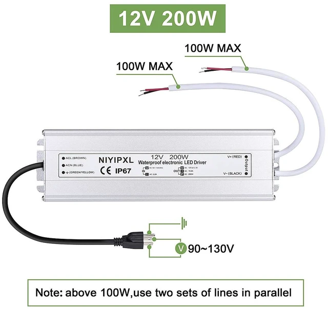 Alt view image 2 of 6 - LED Driver 200 Watts Waterproof IP67 Power Supply Transformer Adapter 90V-130V AC to 12V DC Low Voltage Output with 3-Prong Plug 3.3 Feet Cable for LED Light, Computer Project, Outdoor Light