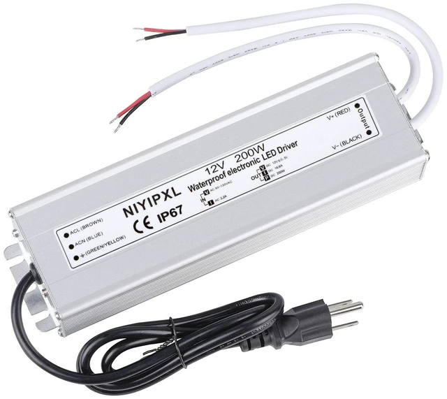 Main image of LED Driver 200 Watts Waterproof IP67 Power Supply Transformer Adapter 90V-130V AC to 12V DC Low Voltage Output with 3-Prong Plug 3.3 Feet Cable for LED Light, Computer Project, Outdoor Light