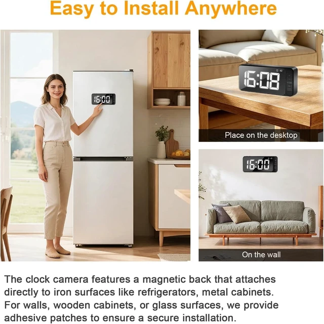 Alt view image 4 of 7 - Hidden Camera Clock 4K WiFi Spy Camera Indoor Security Cam, Remote Viewing,Mini Nanny Cam, Built-in 5000mAh Battery, Magnetic Mount, Dual Alarms, Night Vision & AI Motion Detection for Home,Office,Pet