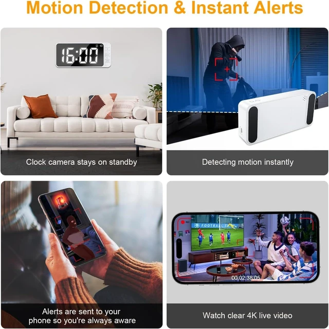 Alt view image 4 of 7 - Hidden Camera Clock 4K WiFi Spy Camera Indoor Security Cam, Remote Viewing,Mini Nanny Cam, Built-in 5000mAh Battery, Magnetic Mount, Dual Alarms, Night Vision & AI Motion Detection for Home,Office,Pet
