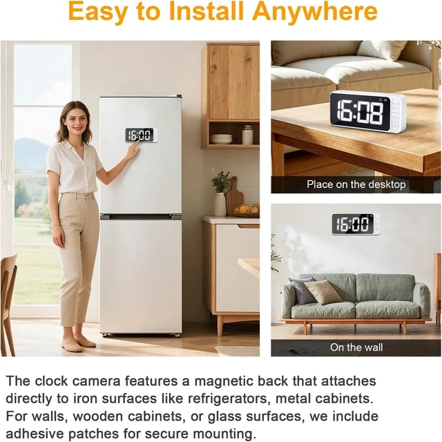 Alt view image 5 of 7 - Hidden Camera Clock 4K WiFi Spy Camera Indoor Security Cam, Remote Viewing,Mini Nanny Cam, Built-in 5000mAh Battery, Magnetic Mount, Dual Alarms, Night Vision & AI Motion Detection for Home,Office,Pet