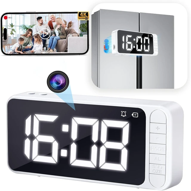 Main image of Hidden Camera Clock 4K WiFi Spy Camera Indoor Security Cam, Remote Viewing,Mini Nanny Cam, Built-in 5000mAh Battery, Magnetic Mount, Dual Alarms, Night Vision & AI Motion Detection for Home,Office,Pet