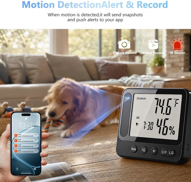 Alt view image 4 of 7 - 4K HD WiFi Hidden Camera Clock Thermometer Hygrometer, App Remote Control, Security 4K Mini Nanny Cam Support 2.4G&5G WiFi, Night Vision & Motion Detection Alert, Remote Live View via App,Home Monitor