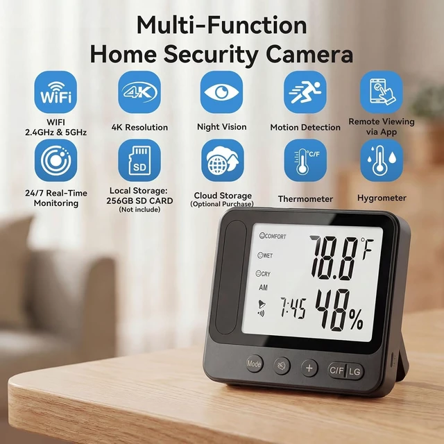 Alt view image 5 of 7 - 4K HD WiFi Hidden Camera Clock Thermometer Hygrometer, App Remote Control, Security 4K Mini Nanny Cam Support 2.4G&5G WiFi, Night Vision & Motion Detection Alert, Remote Live View via App,Home Monitor