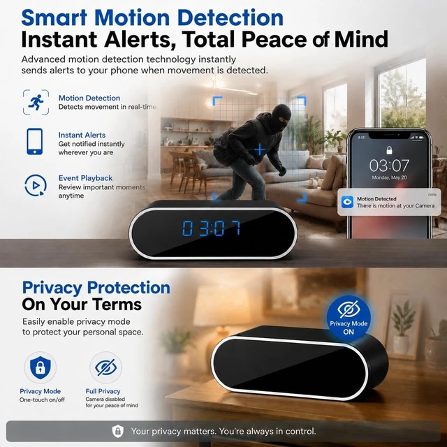 Alt view image 4 of 7 - 4K WiFi Hidden Camera Clock, Wireless Indoor Security Spy Cameras for Home and Office, Mini Video Indoor Camera with Motion Detection, Night Vision and Remote Viewing Nanny Cam