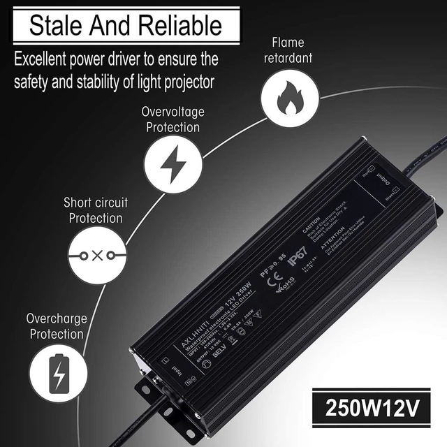 Alt view image 2 of 6 - Waterproof IP67 LED Transformer - 250W 12V, 110V AC to 12V DC Low Voltage Output with 3-Prong Plug, 3.3 Feet Cable for LED Light, Computer Project, Outdoor Light