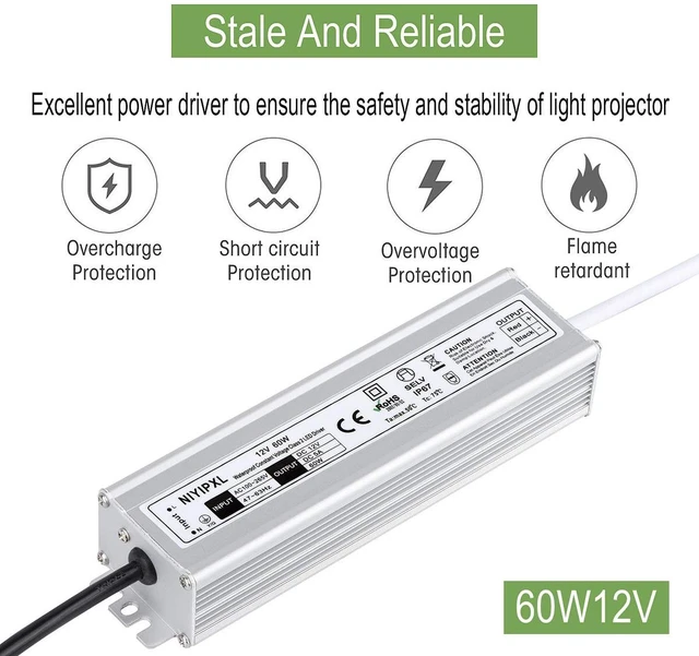 Alt view image 3 of 6 - LED Driver 60 Watts Waterproof IP67 Power Supply Transformer Adapter 100V-265V AC to 12V DC Low Voltage Output with 3-Prong Plug 3.3 Feet Cable for LED Light, Computer Project, Outdoor Light