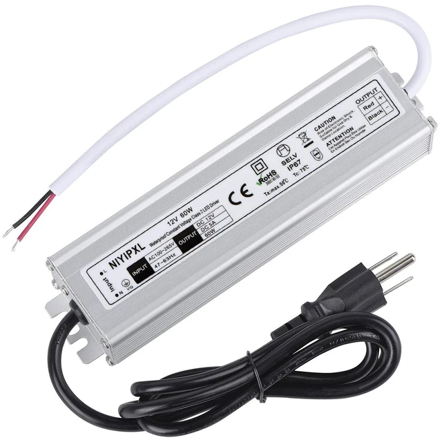 Main image of LED Driver 60 Watts Waterproof IP67 Power Supply Transformer Adapter 100V-265V AC to 12V DC Low Voltage Output with 3-Prong Plug 3.3 Feet Cable for LED Light, Computer Project, Outdoor Light