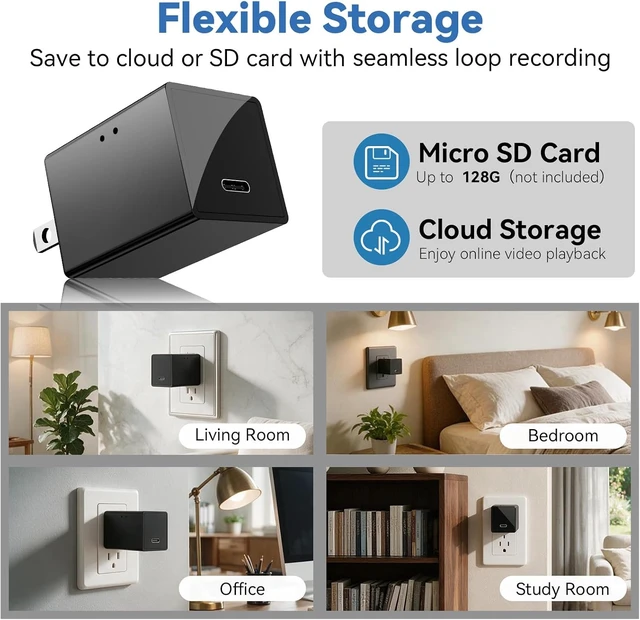 Alt view image 4 of 7 - 1080p HD Wireless WiFi Charger Indoor Camera for Home Security with 2.4G/5G WiFi,App Control & Motion Detection,Wide-Angle 150° Phone Charger Camera with Night Vision & Loop Recording