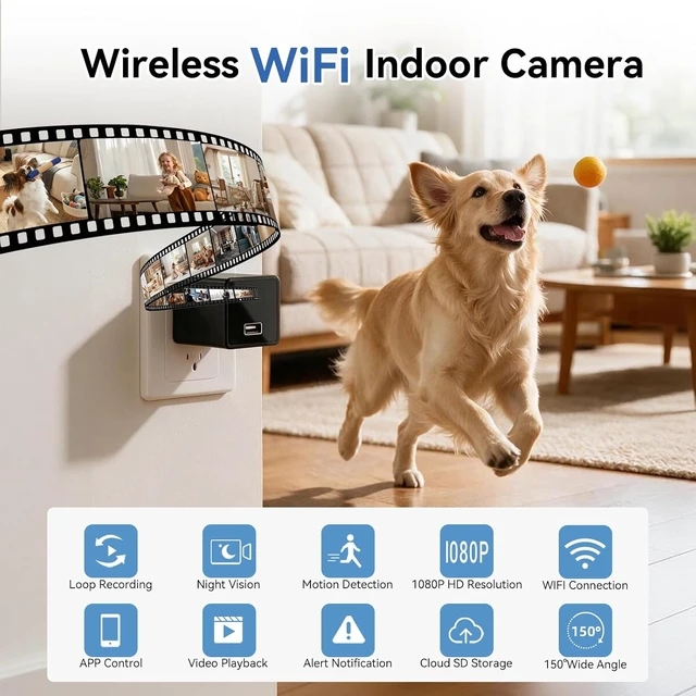 Alt view image 3 of 7 - 1080p HD Wireless WiFi Charger Indoor Camera for Home Security with 2.4G/5G WiFi,App Control & Motion Detection,Wide-Angle 150° Phone Charger Camera with Night Vision & Loop Recording