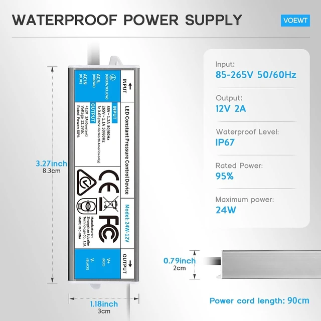 Alt view image 5 of 7 - LED Driver 24 Watts Waterproof IP67 Power Supply 85V-265V AC to 12V DC Converter,Quiet and Small LED Transformer Low Voltage Output with 3-Prong Plug 3 Feet Cable for LED Light Strip, Outdoor