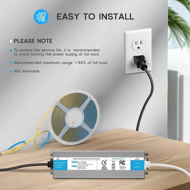 Alt view image 2 of 7 - LED Driver 24 Watts Waterproof IP67 Power Supply 85V-265V AC to 12V DC Converter,Quiet and Small LED Transformer Low Voltage Output with 3-Prong Plug 3 Feet Cable for LED Light Strip, Outdoor