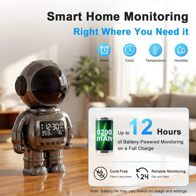 Alt view image 5 of 7 - 2K Clock Indoor Camera, 2.4G/5G WiFi Cameras for Home Security with Temperature & Humidity Display, 2-Way Audio, AI Motion Detection, Color Night Vision, Baby Monitor & Pet Camera (Gray)