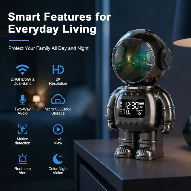 Alt view image 3 of 7 - 2K Clock Indoor Camera, 2.4G/5G WiFi Cameras for Home Security with Temperature & Humidity Display, 2-Way Audio, AI Motion Detection, Color Night Vision, Baby Monitor & Pet Camera (Gray)
