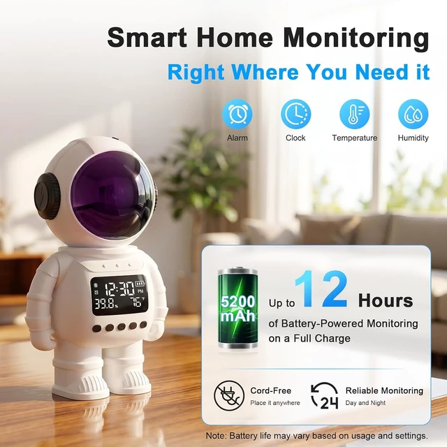 Alt view image 2 of 7 - 2K Clock Indoor Camera, 2.4G/5G WiFi Cameras for Home Security with Temperature & Humidity Display, 2-Way Audio, AI Motion Detection, Color Night Vision, Baby Monitor & Pet Camera (White)