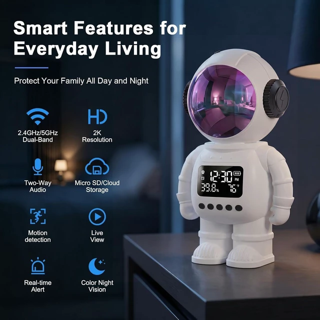 Alt view image 7 of 7 - 2K Clock Indoor Camera, 2.4G/5G WiFi Cameras for Home Security with Temperature & Humidity Display, 2-Way Audio, AI Motion Detection, Color Night Vision, Baby Monitor & Pet Camera (White)