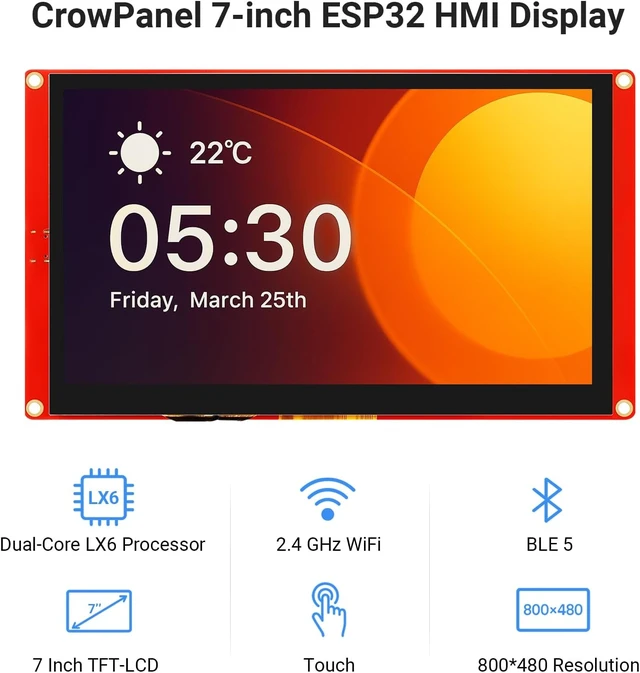 Alt view image 5 of 7 - 7 Inch ESP32 Display 800×480 HMI SPI TFT LCD ESP32 Touch Screen, 32-Bit LX7 Dual-Core Processor, Up to 240MHz, Compatible with Arduino, LVGL, PlatformIO, MicroPython (Basic Version)