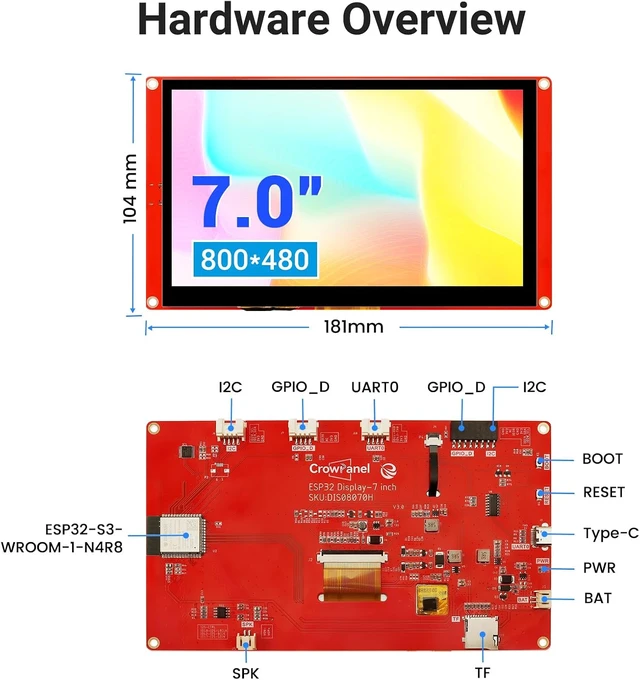 Alt view image 4 of 7 - 7 Inch ESP32 Display 800×480 HMI SPI TFT LCD ESP32 Touch Screen, 32-Bit LX7 Dual-Core Processor, Up to 240MHz, Compatible with Arduino, LVGL, PlatformIO, MicroPython (Basic Version)
