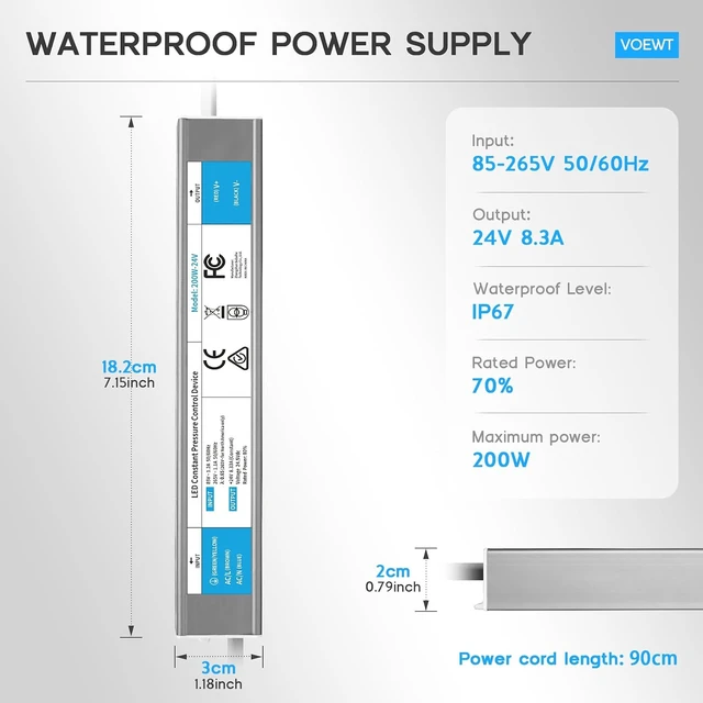 Alt view image 5 of 7 - LED Driver 200 Watts Waterproof IP67 Power Supply 85V-265V AC to 24V DC Converter,Quiet and Small LED Transformer Low Voltage Output with 3-Prong Plug 3 Feet Cable for LED Light Strip, Outdoor