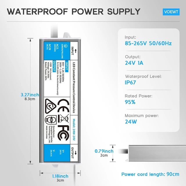 Alt view image 5 of 7 - LED Driver 24 Watts Waterproof IP67 Power Supply 85V-265V AC to 24V DC Converter,Quiet and Small LED Transformer Low Voltage Output with 3-Prong Plug 3 Feet Cable for LED Light Strip, Outdoor