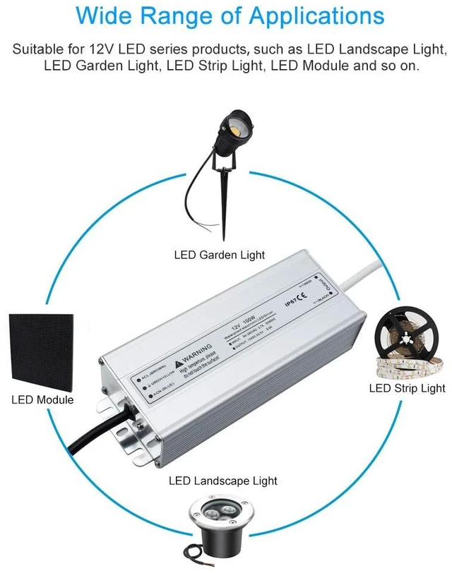 Alt view image 5 of 7 - 12V 100W LED Power Supply, Waterproof IP67 LED Driver, 90-265V AC to 12V DC Low Voltage Transformer with 3-Prong Plug 3.3FT Cable for LED Strip Lights and Outdoor Lighting