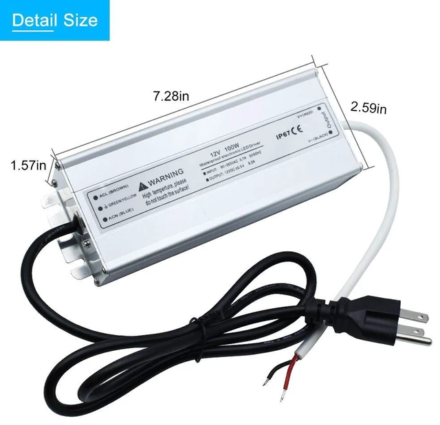 Alt view image 6 of 7 - 12V 100W LED Power Supply, Waterproof IP67 LED Driver, 90-265V AC to 12V DC Low Voltage Transformer with 3-Prong Plug 3.3FT Cable for LED Strip Lights and Outdoor Lighting