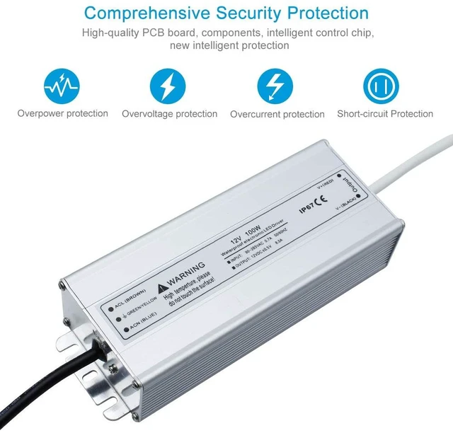 Alt view image 2 of 7 - 12V 100W LED Power Supply, Waterproof IP67 LED Driver, 90-265V AC to 12V DC Low Voltage Transformer with 3-Prong Plug 3.3FT Cable for LED Strip Lights and Outdoor Lighting