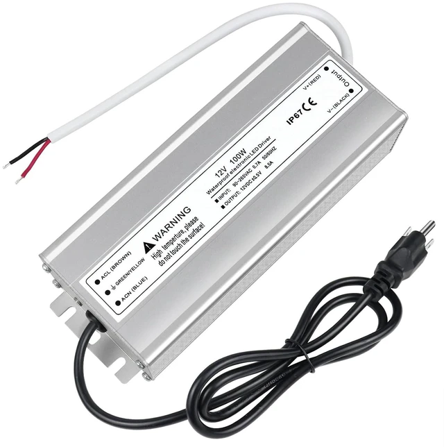 Main image of 12V 100W LED Power Supply, Waterproof IP67 LED Driver, 90-265V AC to 12V DC Low Voltage Transformer with 3-Prong Plug 3.3FT Cable for LED Strip Lights and Outdoor Lighting