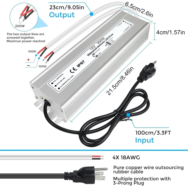 Alt view image 2 of 7 - LED Driver 200 Watts Waterproof IP67 Power Supply Transformer, 90-130V AC to 12V DC Low Voltage Output, Adapter with 3-Prong Plug 3.3 Feet Cable for Outdoor Use, Computer Project