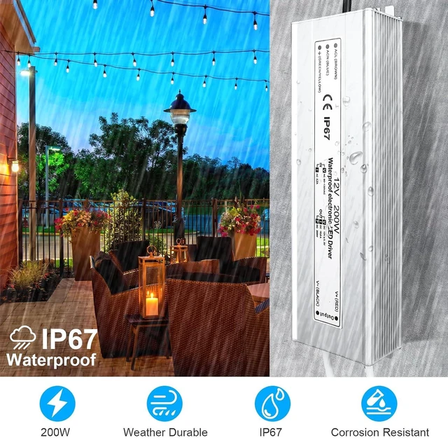 Alt view image 4 of 7 - LED Driver 200 Watts Waterproof IP67 Power Supply Transformer, 90-130V AC to 12V DC Low Voltage Output, Adapter with 3-Prong Plug 3.3 Feet Cable for Outdoor Use, Computer Project