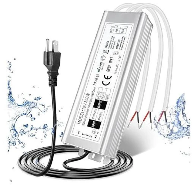 Main image of LED Driver Waterproof IP67 300W 12V LED Power Supply Transformer Adapter 110V AC to 12V DC Low Voltage Output with 3-Prong Plug 3.3 Feet Cable for LED Strip Lighting, Outdoor Use
