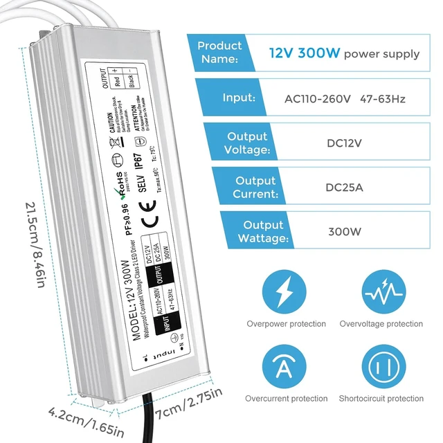 Alt view image 6 of 7 - LED Driver Waterproof IP67 300W 12V LED Power Supply Transformer Adapter 110V AC to 12V DC Low Voltage Output with 3-Prong Plug 3.3 Feet Cable for LED Strip Lighting, Outdoor Use