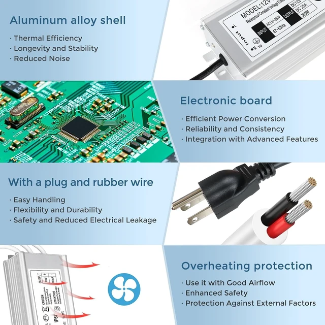 Alt view image 4 of 7 - LED Driver Waterproof IP67 300W 12V LED Power Supply Transformer Adapter 110V AC to 12V DC Low Voltage Output with 3-Prong Plug 3.3 Feet Cable for LED Strip Lighting, Outdoor Use