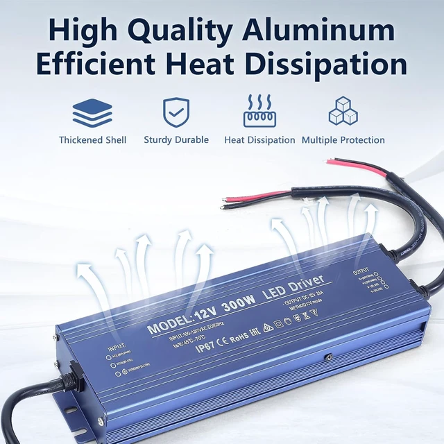 Alt view image 3 of 7 - Waterproof IP67 LED Driver 12V 300W Ultra Slim LED Power Supply 110V AC to 12V DC 25A 300 Watt Quiet Low Volt Converter LEDs Transformer Constant Voltage for LEDs Strip, Indoor & Outdoor