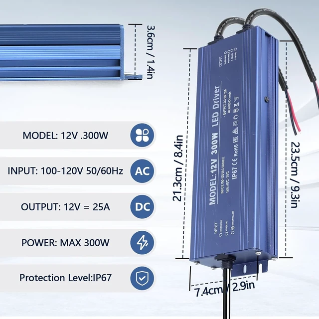 Alt view image 7 of 7 - Waterproof IP67 LED Driver 12V 300W Ultra Slim LED Power Supply 110V AC to 12V DC 25A 300 Watt Quiet Low Volt Converter LEDs Transformer Constant Voltage for LEDs Strip, Indoor & Outdoor