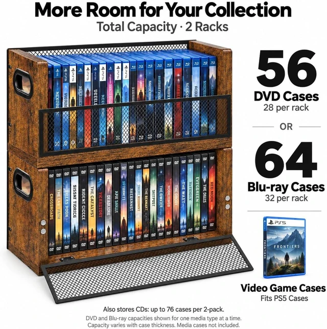 Alt view image 7 of 7 - DVD Storage Rack 2 Pack, Stackable Media Shelf with Magnetic Door, Holds 56 DVD Cases, Blu Ray Video Game Storage Shelf, CD Holder, Desktop Tower of Easy Access, Media Organizer
