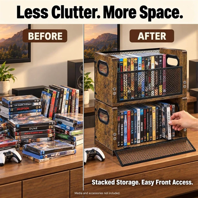 Alt view image 4 of 7 - DVD Storage Rack 2 Pack, Stackable Media Shelf with Magnetic Door, Holds 56 DVD Cases, Blu Ray Video Game Storage Shelf, CD Holder, Desktop Tower of Easy Access, Media Organizer