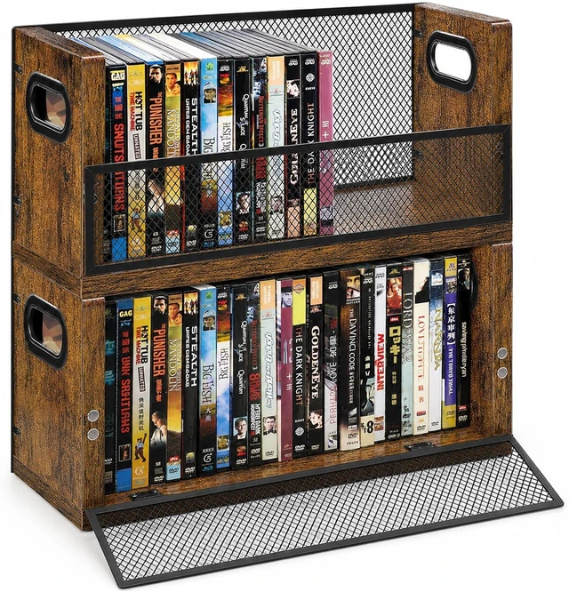 Main image of DVD Storage Rack 2 Pack, Stackable Media Shelf with Magnetic Door, Holds 56 DVD Cases, Blu Ray Video Game Storage Shelf, CD Holder, Desktop Tower of Easy Access, Media Organizer