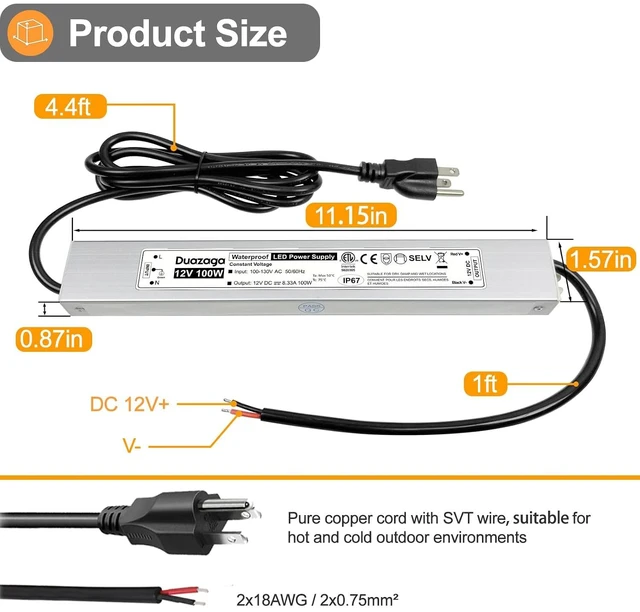 Alt view image 7 of 7 - 100 Watts LED Driver 12 Volt Power Supply 110 120V to 12V Converter IP67 Waterproof, AC to DC, Low Voltage Landscape Lighting Transformer,ETL Listed, Plug with 4.4Ft Cord for Outdoor LED Lights