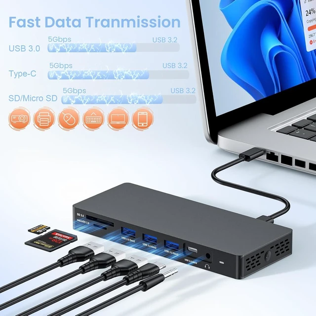 Alt view image 2 of 7 - Docking Station Triple Displays with Dual HDMI+DisplayPort with Power Adapter, 13 in 1 Thunderbolt Dock for Dell XPS, Inspiron, Latitude, Precision, Vostro,G/Alienware, etc