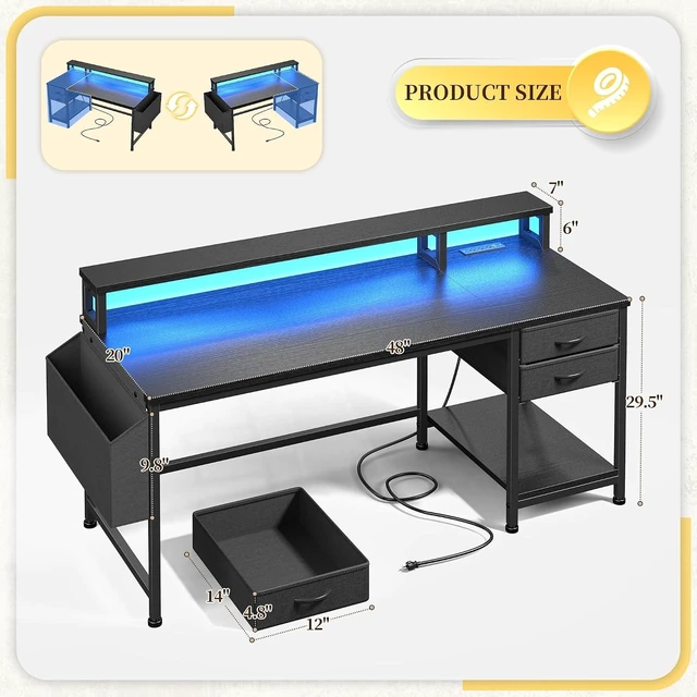 Alt view image 4 of 7 - 48" Gaming Desk with RGB Lights & Power Outlets for Teens, Wireless Remote Full-Color Strip, Various Lighting Modes, Level Up Teens Gaming Vibe or Study for Protect Eyes In Bedroom