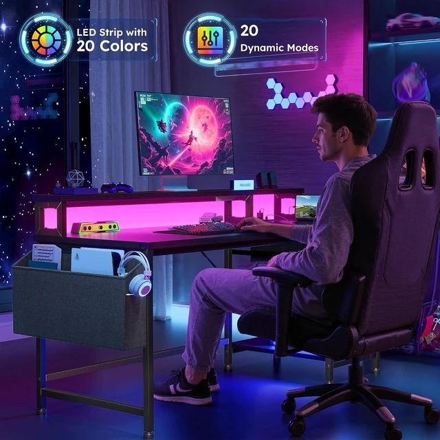 Alt view image 2 of 7 - 48" Gaming Desk with RGB Lights & Power Outlets for Teens, Wireless Remote Full-Color Strip, Various Lighting Modes, Level Up Teens Gaming Vibe or Study for Protect Eyes In Bedroom