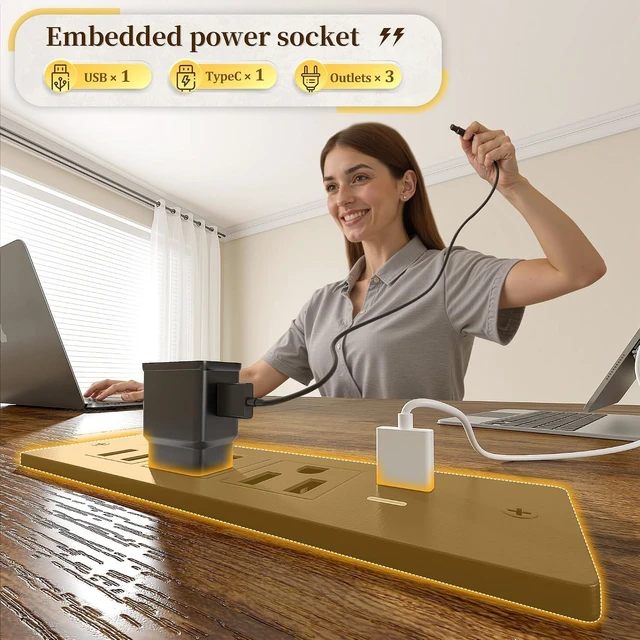 Alt view image 3 of 7 - 48" Gaming Desk with RGB Lights & Power Outlets for Teens, Wireless Remote Full-Color Strip, Various Lighting Modes, Level Up Teens Gaming Vibe or Study for Protect Eyes In Bedroom Brown