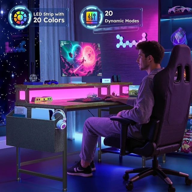 Alt view image 2 of 7 - 48" Gaming Desk with RGB Lights & Power Outlets for Teens, Wireless Remote Full-Color Strip, Various Lighting Modes, Level Up Teens Gaming Vibe or Study for Protect Eyes In Bedroom Brown