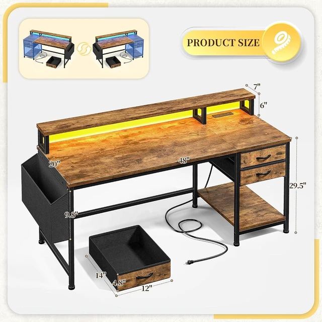 Alt view image 5 of 7 - 48" Gaming Desk with RGB Lights & Power Outlets for Teens, Wireless Remote Full-Color Strip, Various Lighting Modes, Level Up Teens Gaming Vibe or Study for Protect Eyes In Bedroom Brown