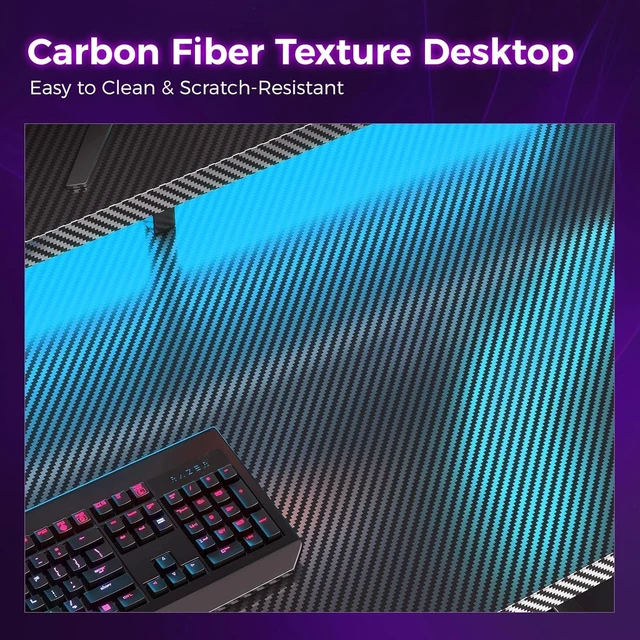 Alt view image 3 of 7 - 55 Inch Gaming Desk with LED Lights & CPU Stand, Computer Desk with Storage Shelves, Reversible Desk with Monitor Stand, Carbon Fiber Black